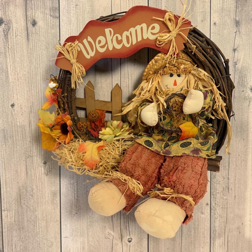 Fall Scarecrow Grapevine Wreath Welcome Sign Rustic Autumn Door Decor Sunflower